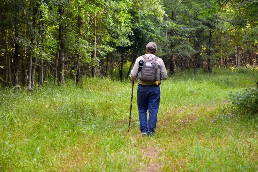 A hiker with cap, backpack and stick enjoying Black Bayou Lake NWR's Edgewater trail.